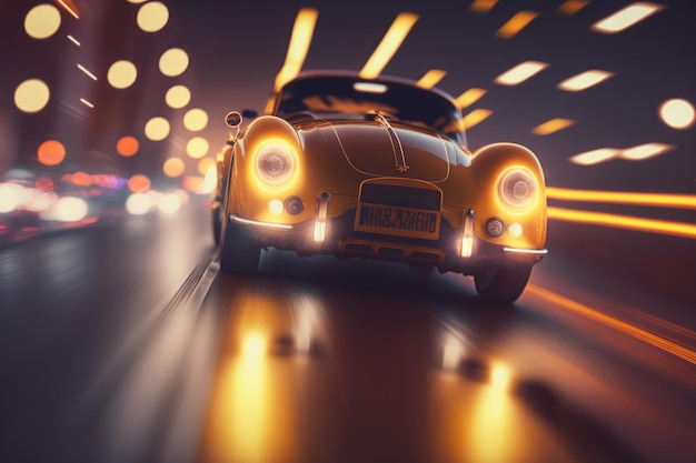 Retro car on the road at night Generative AI