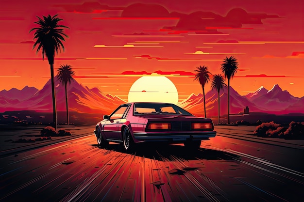 Retro car on the road at sunset Vector illustration in retro style