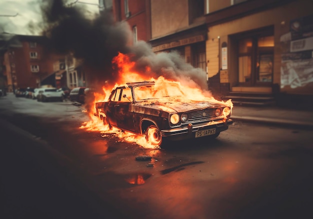 Photo retro car set on fire