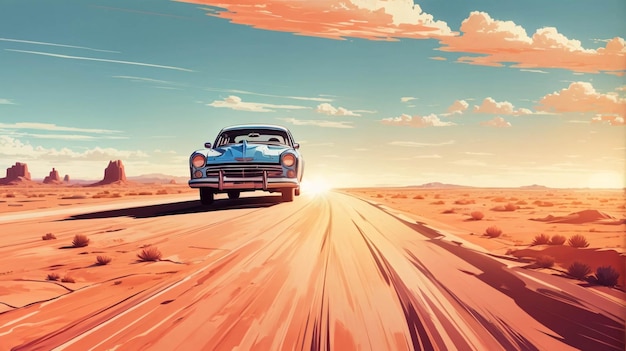 사진 사막 의 먼지 가득 한 도로 에서 지평선 으로 향 하는 레트로 자동차 일러스트레이션
