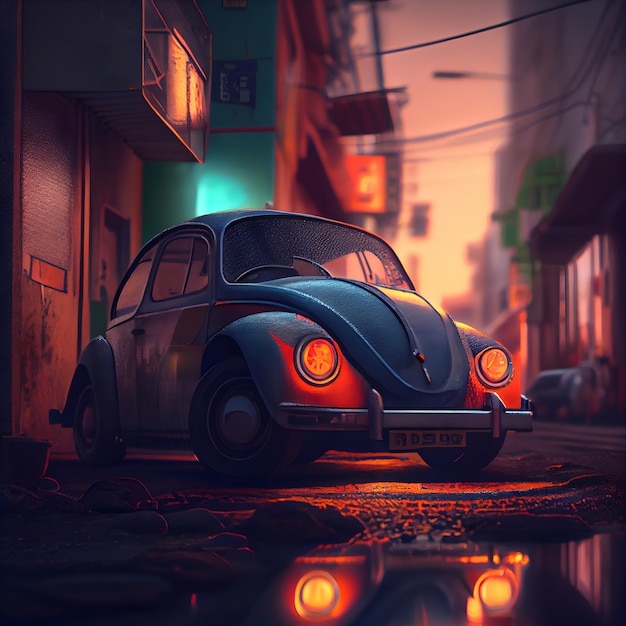 Retro car on the street at night 3D illustration