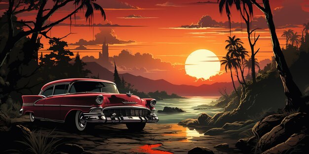 Retro car sunset red sunset and sea big mountains thick clouds