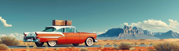 Photo retro car with suitcases on the roof driving through a desert landscape blue skies road trip feel