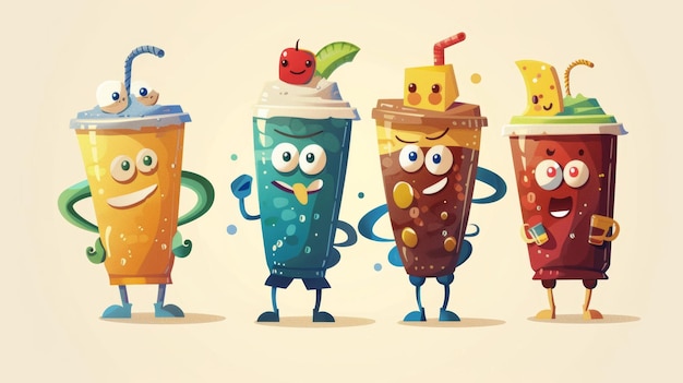 Photo retro cartoon characters posters vintage drink illustration latte cappuccino coffee cup fresh juice mascot nostalgia from the 60s 70s and 80s modern isolated on white background