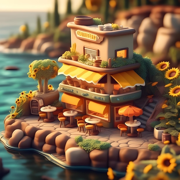 Retro Cartoon coffe shop on a rocky coastline made of clay