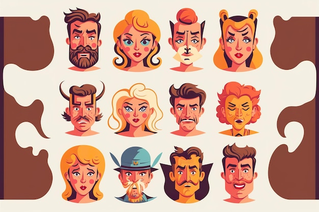 Photo retro cartoon and comics characters faces