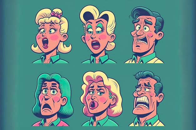 Photo retro cartoon and comics characters faces