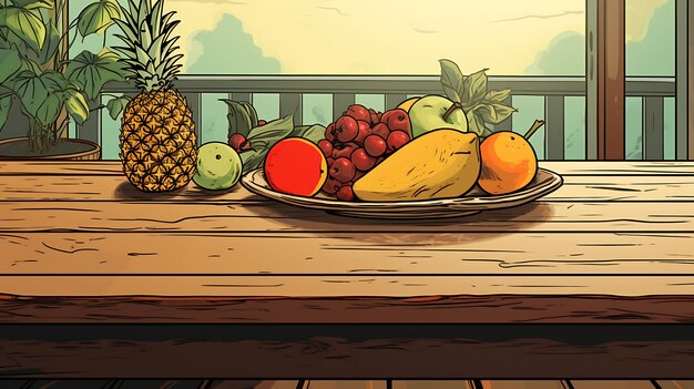 Retro cartoon of fruits on table