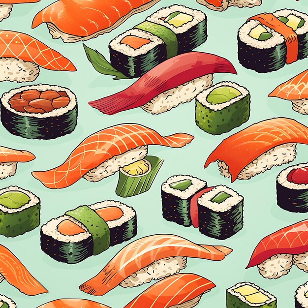 Photo retro cartoon sushi pattern