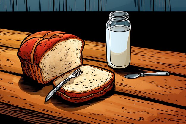 Foto cartone animato retro di pane tostato e latte