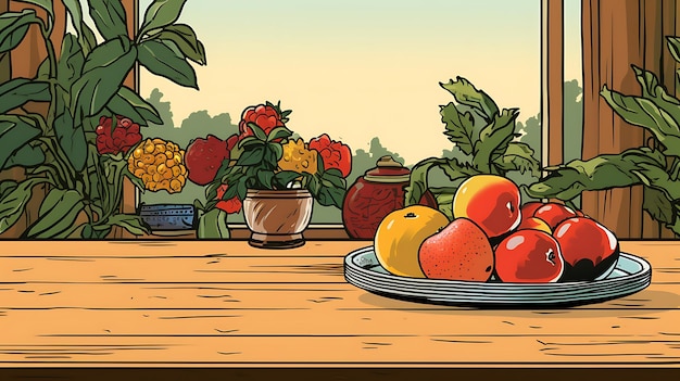 Foto retro cartoon van fruit op tafel