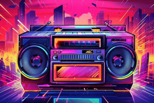 Photo a retro cassette player with neon colors on the bottom