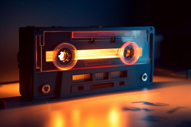 Retro cassette in yellow light on dark background
