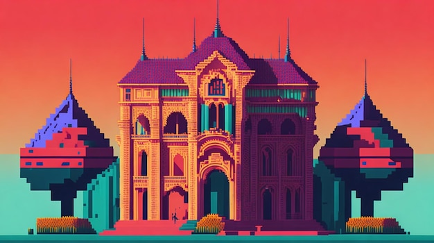 Retro castle with gradient sky