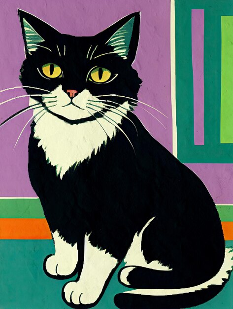 Retro Cat Painting Reproduction Colorful Artistic Cats Illustrations Black Cat