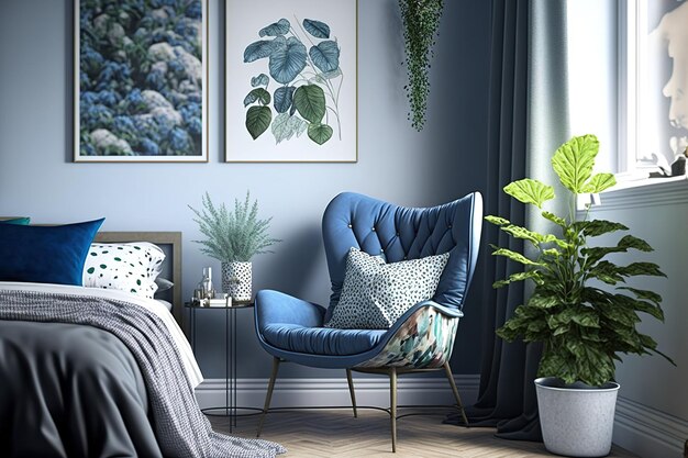 Retro chair blue and grey blankets cushions plants white flooring and contemporary paintings decorate this vintage bedroom