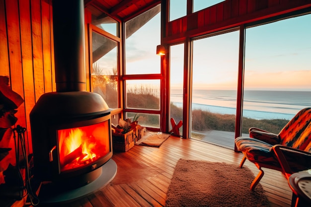 Photo retro chalet with fireplace and ocean views