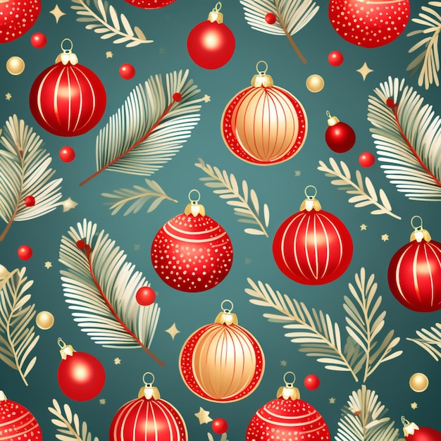 Photo retro christmas pattern with red balls presents and christmas trees