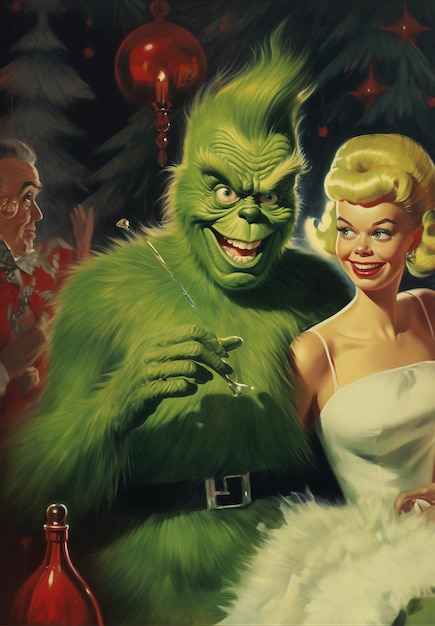 Retro Christmas postcard 50s the Grinch character