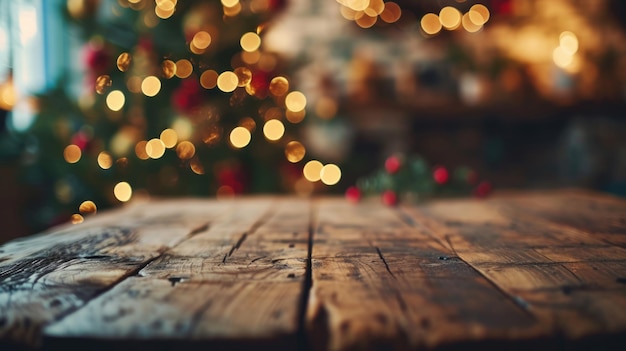 Retro Christmas Vintage Wooden Table with Defocused Festive Background