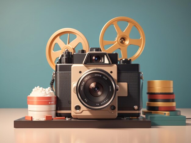 Retro cinema concept vintage camera film reels and clapperboard