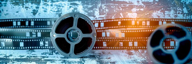 Retro Cinema en Filmmaking Concept Vintage apparatuur en Movie Clapper Entertainment industrie achtergrond