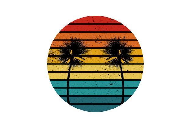 Photo retro circle with palm trees on the beach striped shape