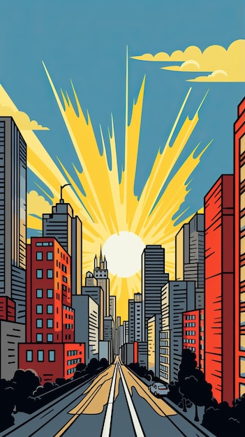 Retro City Sunrise Roy Lichtenstein Pop Art Inspired Comic Book Style