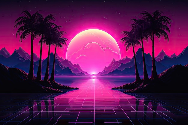 Retro City Synthwave Night Cityscape with Sunset Neon Retrowave Banner 80s Pop Music Background