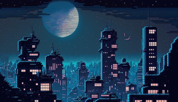 A retro cityscape with a moon and stars.