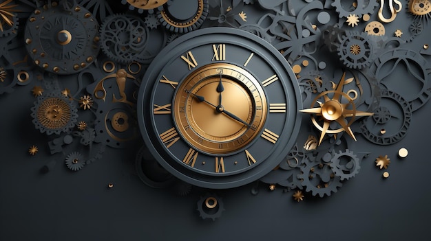 抽象的な黒い背景を持つ過去のレトロ時計と時計メカニズム ジェネレーティブAI