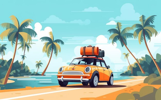 Retro Coastal Road Trip Vintage Oranje Auto bij het strand Een Generatieve AI Illustratie