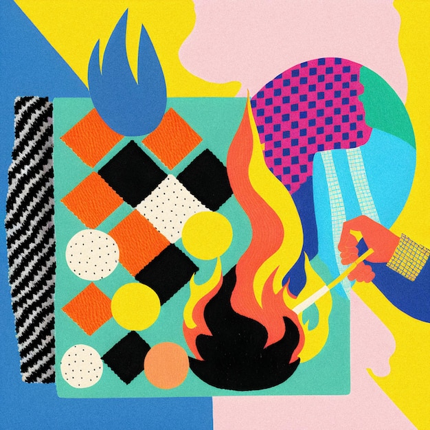 Retro collage people with fire illustration granular texture