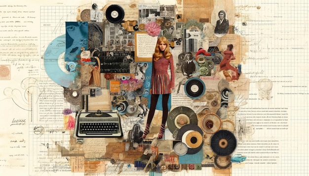 Retro collage with young girl typewriter vinyl records and vintage elements for creative design
