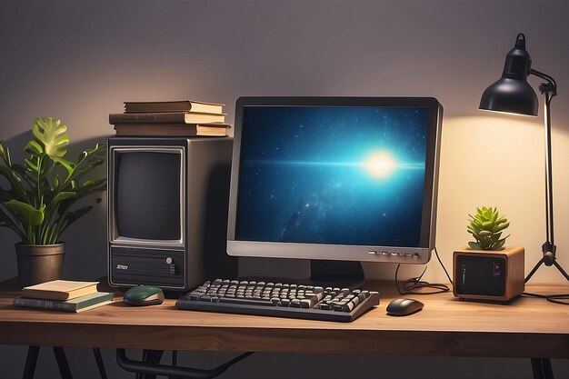 Retro computer on desk arrangement