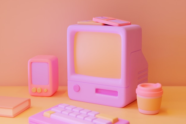 retro computer on desk arrangement