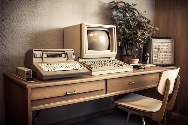Photo retro computer on desk arrangement