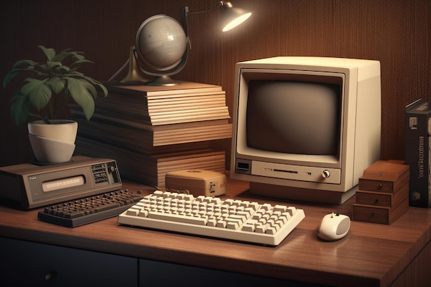 Retro computer on desk arrangement