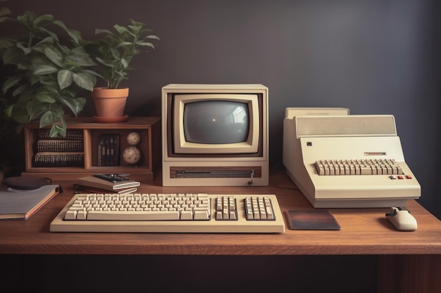 Photo retro computer on desk arrangement