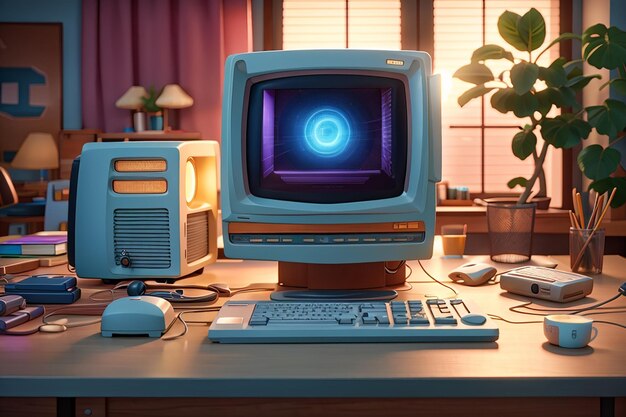 Photo retro computer on desk arrangement