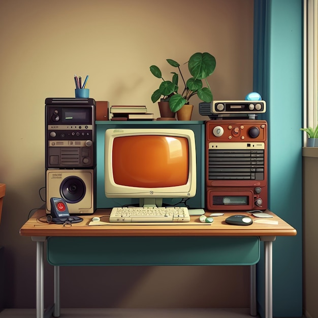 Retro computer on desk arrangement