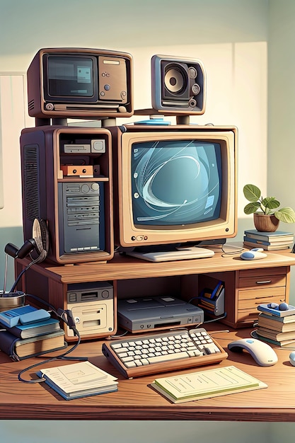 Photo retro computer on desk arrangement