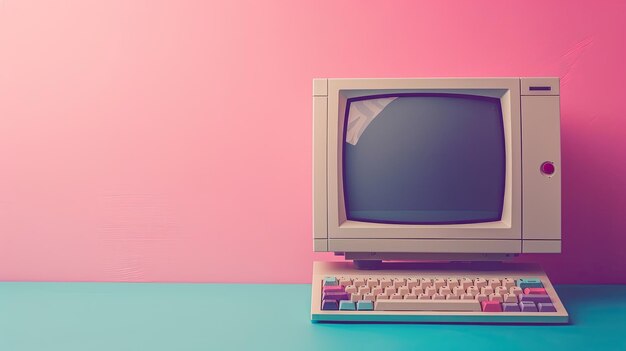 ピンクの背景のキーボードのレトロコンピュータ