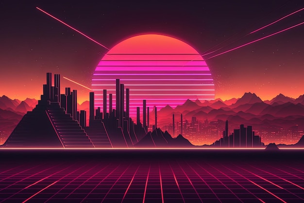 Retro cyberpunk style 80s Sci Fi Background Futuristic with laser grid landscape