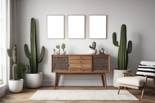 retro decor van de woonkamer met ontwerp commode koffietafel vinyl recorder cactussen en mock up posters