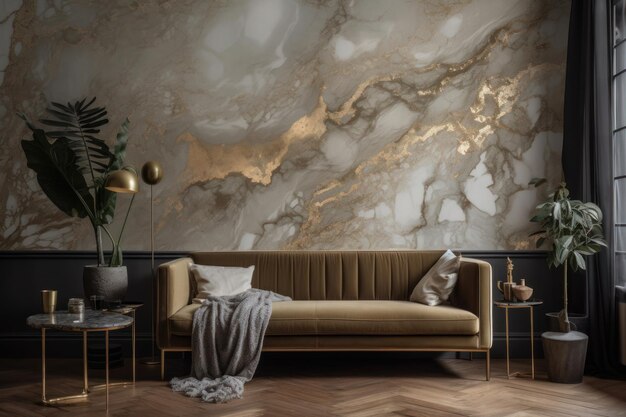 Retro decorated sofa in elegant living room with marble mural