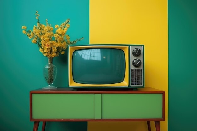 Retro decoration yellow and green color in the living room generative ai