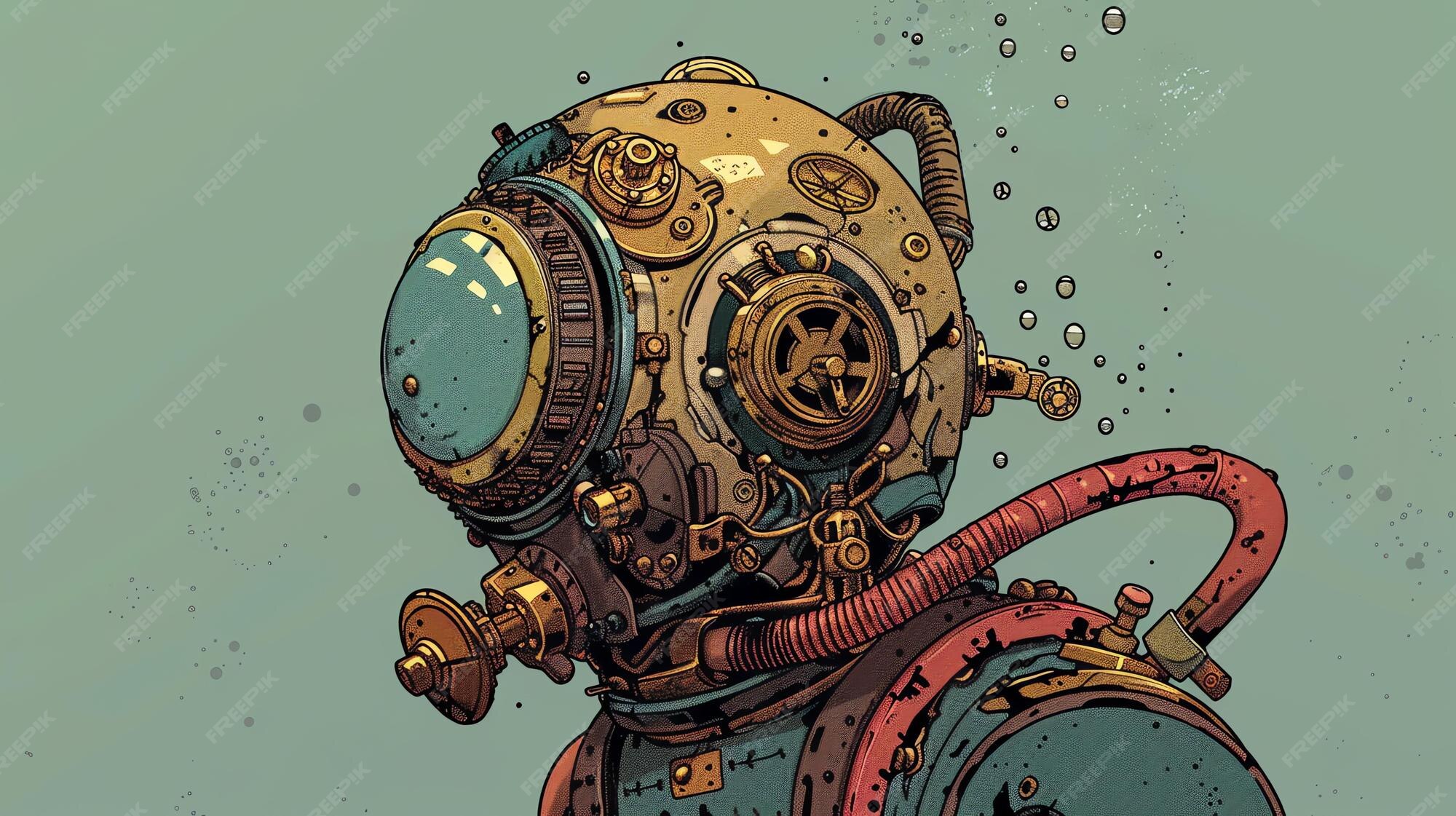 Premium Photo | Retrofuturistic Deep Sea Divers Helmet With A Porthole Window Helmet Is Made Riveted Metal Plates Has Steampunk Aesthetic 14117 386414