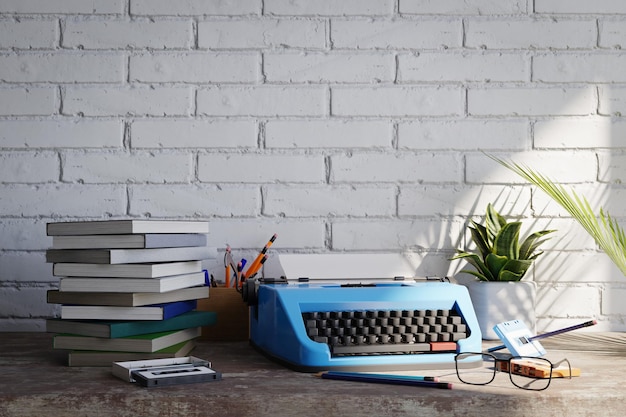 A retro desk background with a white brick wall with an old typewriter books and cassette tapes 3d rendering