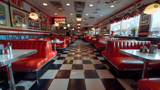 Retro Diner Aesthetic Red Vinyl Booths Checkered Floors and Chrome Finishes Concept 1950s Vintage Diner Retro Aesthenic